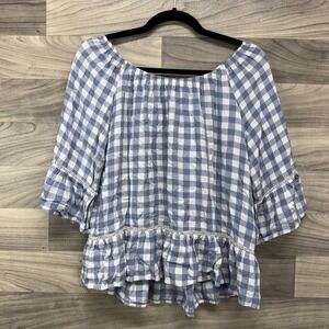 Democracy Peplum Top Womens M Blue White Check Rayon Off Shoulder Flowy Boho